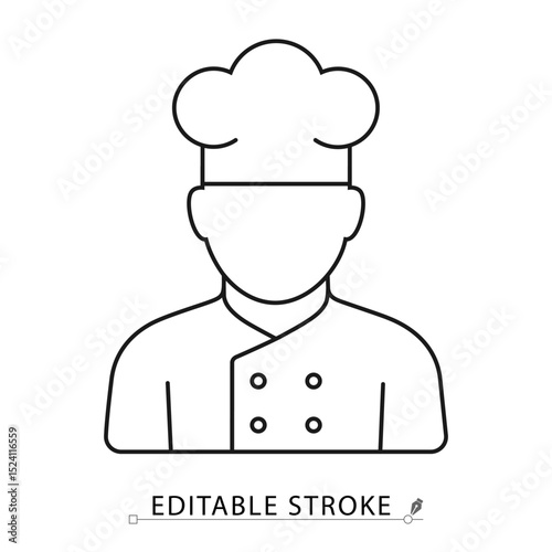 Line style chef icon with hat and editable stroke. Flat outline of professional cook in uniform, vector symbol for culinary industry, kitchen staff, food preparation, restaurant, and service roles