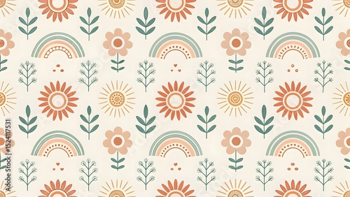 Seamless pattern of sunflowers rainbows and plants