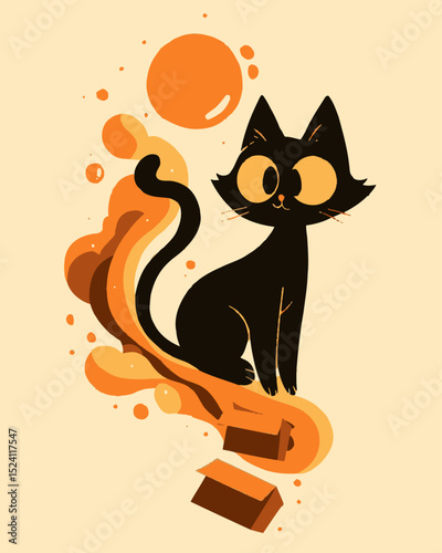 Playful Cartoon Cat Illustration with Orange Accents and Whimsical Elements