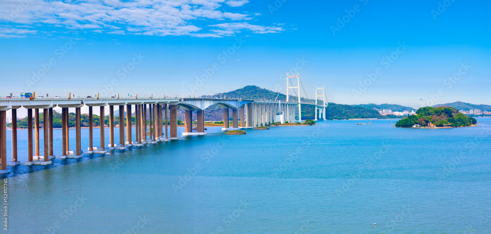 Naklejka premium Aerial view of Humen Bridge in Dongguan City, Guangdong Province, China