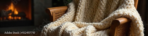 A cozy, oversized knit blanket draped over a wooden armchair, evoking feelings of warmth, comfort, and paternal protection Perfect for representing family, home, and security , autumn, paternal