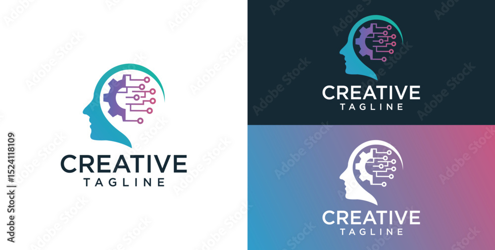 Fototapeta premium Human head mind and technology logo design