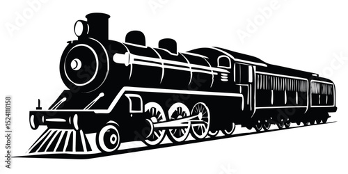 Vintage black model steam train isolated on white with a track