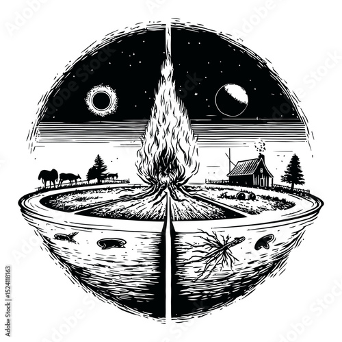 Detailed Hand-Drawn Engraving of Nature's Cycles and Elements in Black and White