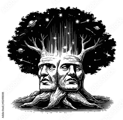 Intricate Engraving of a Tree with Human Faces and Stars Above