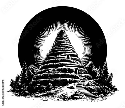 Black and White Engraving of a Conical Mountain Structure with Trees