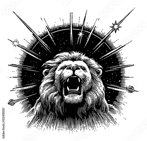 Majestic Lion Engraving with Cosmic Background and Radiant Stars