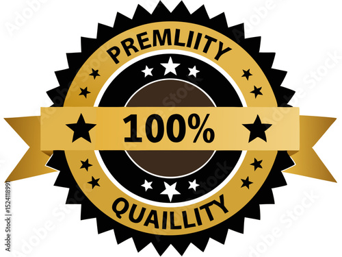Gold and Black 100 Percent Quality Guarantee Badge with Stars and Ribbon on a Black Background for Product Promotion and Marketing