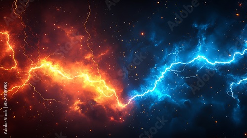 Dynamic energy background with fire and ice lightning bolt effect amidst dark clouds creating intense atmosphere