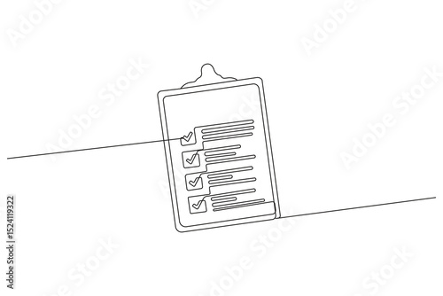 Minimal continuous one line drawing of a clipboard with checklist – outline vector illustration for productivity, planning, and office-themed designs.