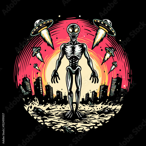 Futuristic Alien Figure Surrounded by UFOs in a Dystopian City Landscape