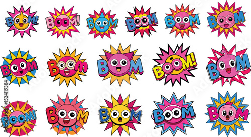 lettering boom comic funny design set vector illustration