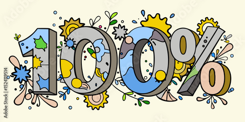 Whimsical Hand Drawn One Hundred Percent Illustration with Doodles and Flowers for Promotions and Sales Campaigns with a Playful and Fun Design