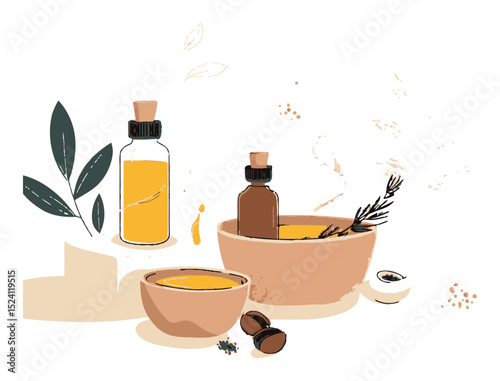 Exquisite Hand-Drawn Illustration of Natural Cosmetic Ingredients and Oils