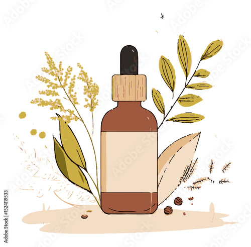 Hand-Drawn Cosmetic Bottle with Natural Elements and Botanical Decorations