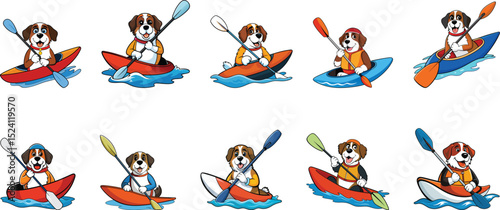 dog kayaking cartoon design set vector illustration