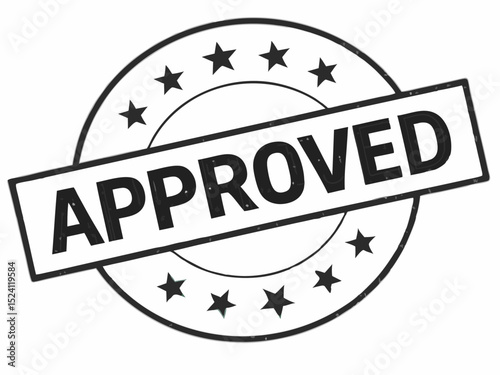 Black and White Approved Stamp with Stars in a Circular Pattern Isolated on White Background for Business and Legal Concepts