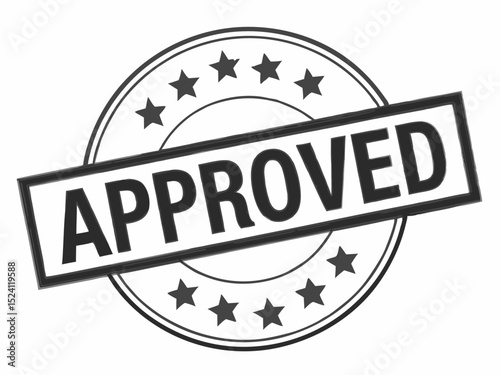 Monochrome Approved Stamp with Stars and Circular Border Indicating Validation and Authorization Isolated on White Background for Design Elements and Creative Projects