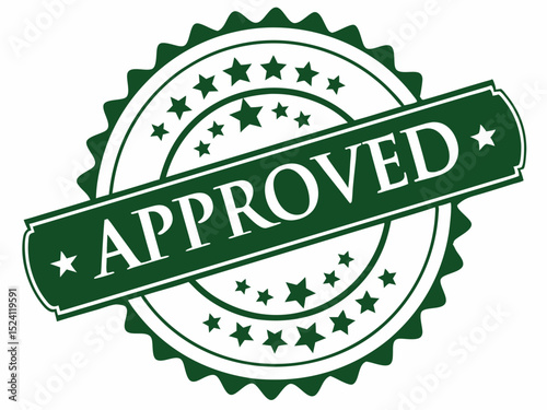 Green Approved Stamp with Stars and Serrated Edge Symbolizing Quality Assurance Compliance Validation and Authorization for Business and Product Endorsement Purposes