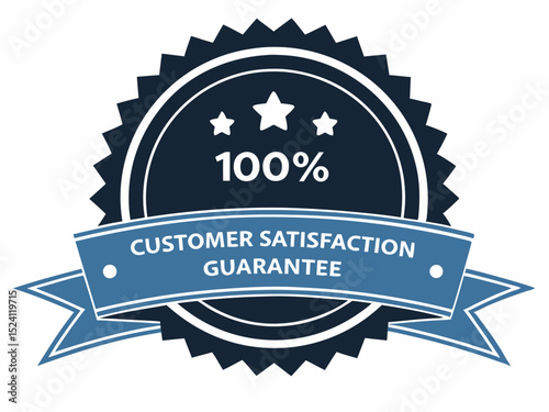 Elegant 100 Percent Customer Satisfaction Guarantee Badge with Stars and Ribbon Ideal for Business Marketing and Promotional Materials Isolated on White Background