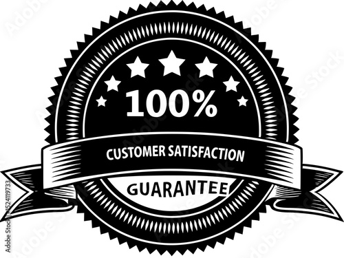 Black and White 100 Percent Customer Satisfaction Guarantee Badge with Stars and Ribbon Vector Illustration for Marketing and Promotional Use Quality Assurance
