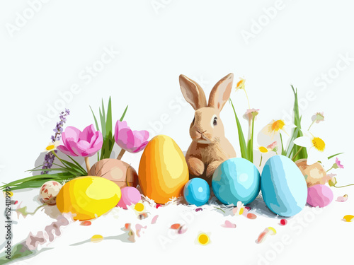 easter bunny and easter eggs on white