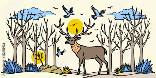 Illustration of a Deer in a Forest with Birds Flying Around and Clouds in the Sky with a Yellow Sun