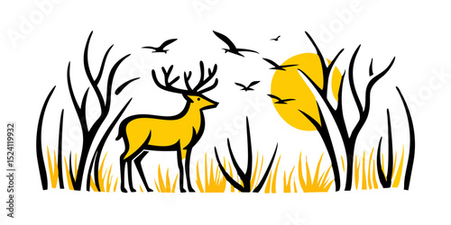 Stylized Deer Silhouette in a Night Landscape with Moon Tree and Birds Vector Illustration for Logo Icon or Graphic Design Element