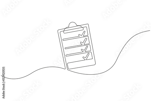Minimal continuous one line drawing of a clipboard with checklist – outline vector illustration for productivity, planning, and office-themed designs.