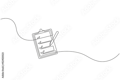 Minimal continuous one line drawing of a clipboard with checklist – outline vector illustration for productivity, planning, and office-themed designs.