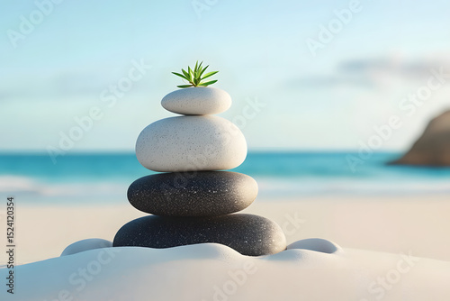 Zen stone balance art on white sand beach tranquil seaside nature photography