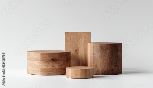 Four wooden display podiums on a white background