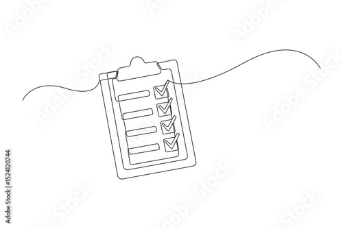 Minimal continuous one line drawing of a clipboard with checklist – outline vector illustration for productivity, planning, and office-themed designs.