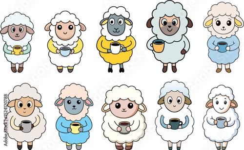 baby sheep with drinking coffee mascot logo set vector illustration