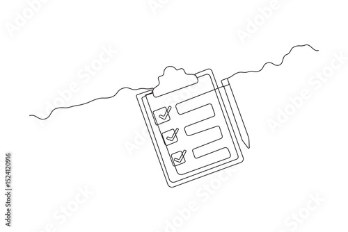 Minimal continuous one line drawing of a clipboard with checklist – outline vector illustration for productivity, planning, and office-themed designs.