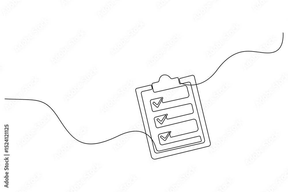 Obraz premium Minimal continuous one line drawing of a clipboard with checklist – outline vector illustration for productivity, planning, and office-themed designs.