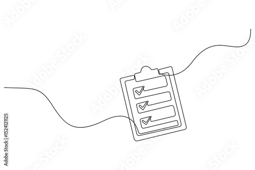 Minimal continuous one line drawing of a clipboard with checklist – outline vector illustration for productivity, planning, and office-themed designs.