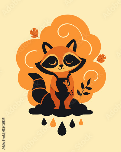 Adorable Cartoon Raccoon Character Illustrating Autumn Vibes in Warm Tones