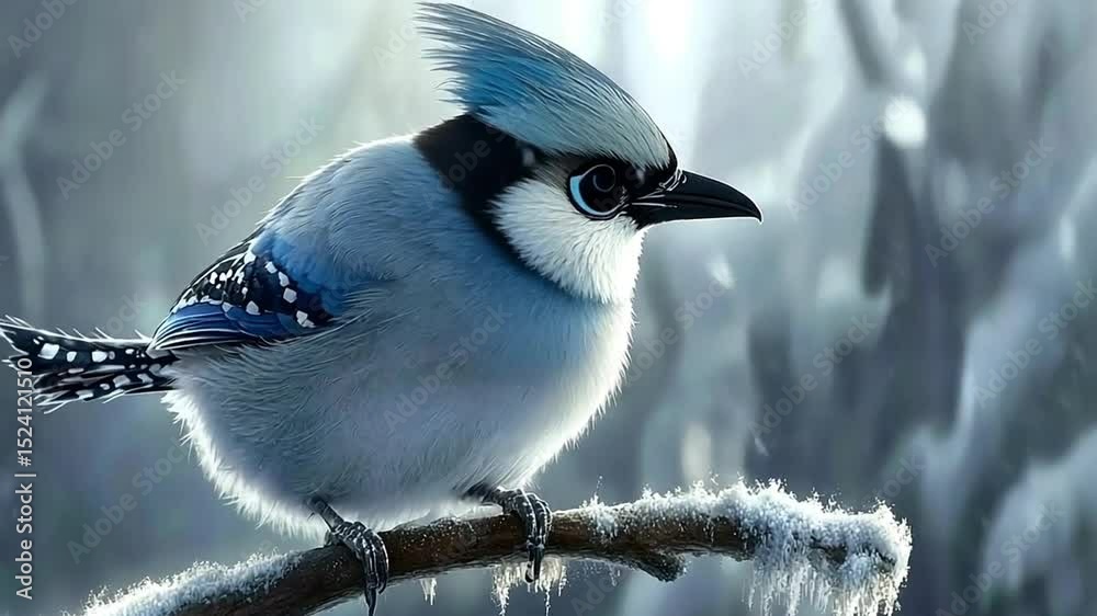 A serene blue jay perched on a frosty branch in winter.