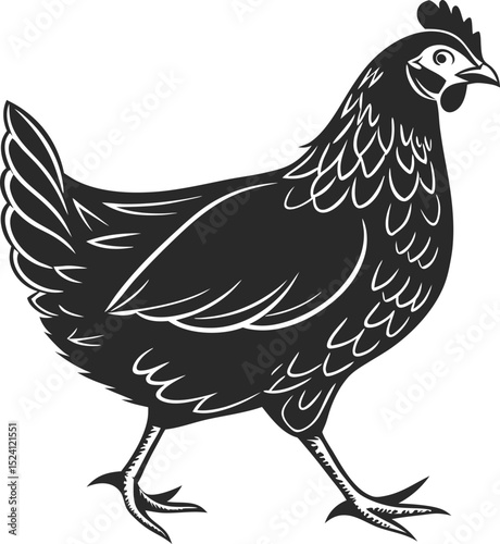 Stylized Black and White Vector Illustration of a Chicken with Detailed Feathers in a Classic Farmyard Pose