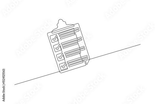 Minimal continuous one line drawing of a clipboard with checklist – outline vector illustration for productivity, planning, and office-themed designs.