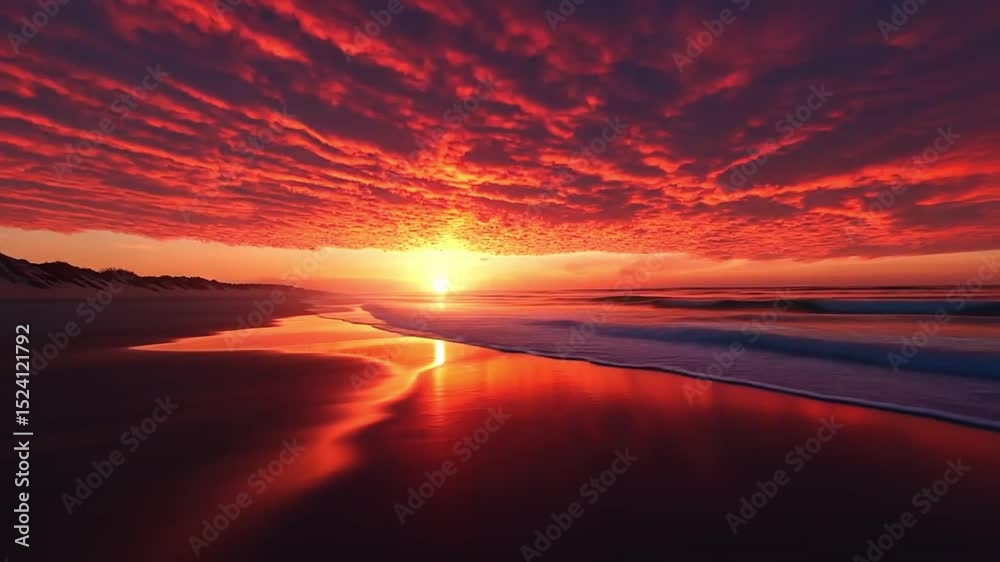 A stunning beach sunset with vibrant clouds and reflections on water.