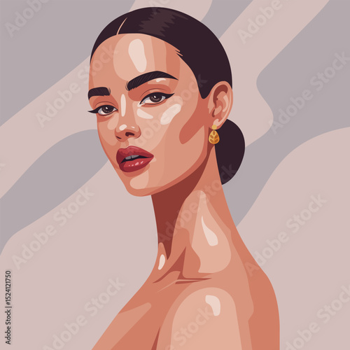 Vector fashion portrait of a stylish woman with slicked hair and gold earring. Minimal flat design, perfect for branding, editorial, packaging, and digital content.