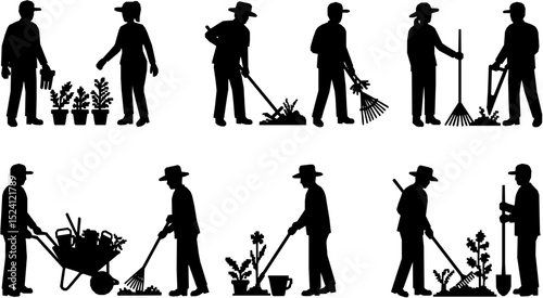 Set of black silhouettes of gardeners working in garden.

