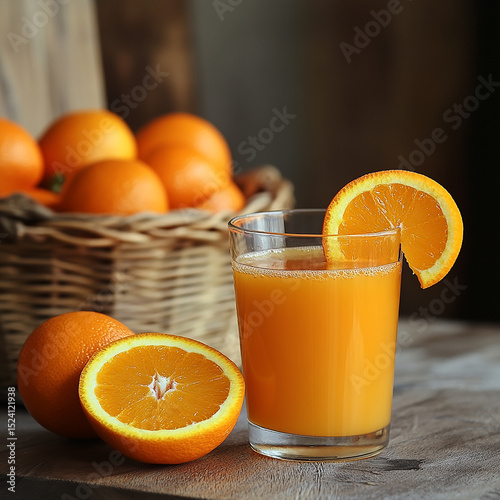 A fresh glass of vibrant orange juice sits next to whole and sliced oranges, showcasing the bright, juicy fruit’s natural sweetness and refreshing flavor, perfect for a healthy start to the day.

