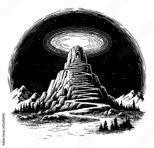 Dramatic Mountain Engraving with Mystical Halo and Scenic Landscape View