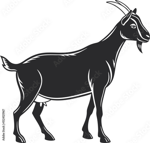 Intricate Silhouette of a Goat in Profile View with Detailed Horns and Beard on Transparent Background