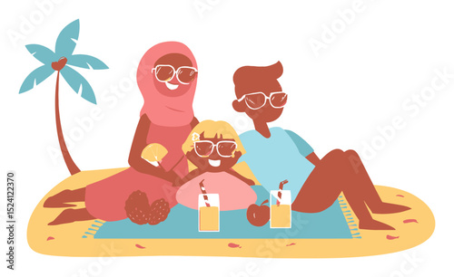 Family Enjoying Summer Day at the Beach with Refreshing Drinks and Snacks