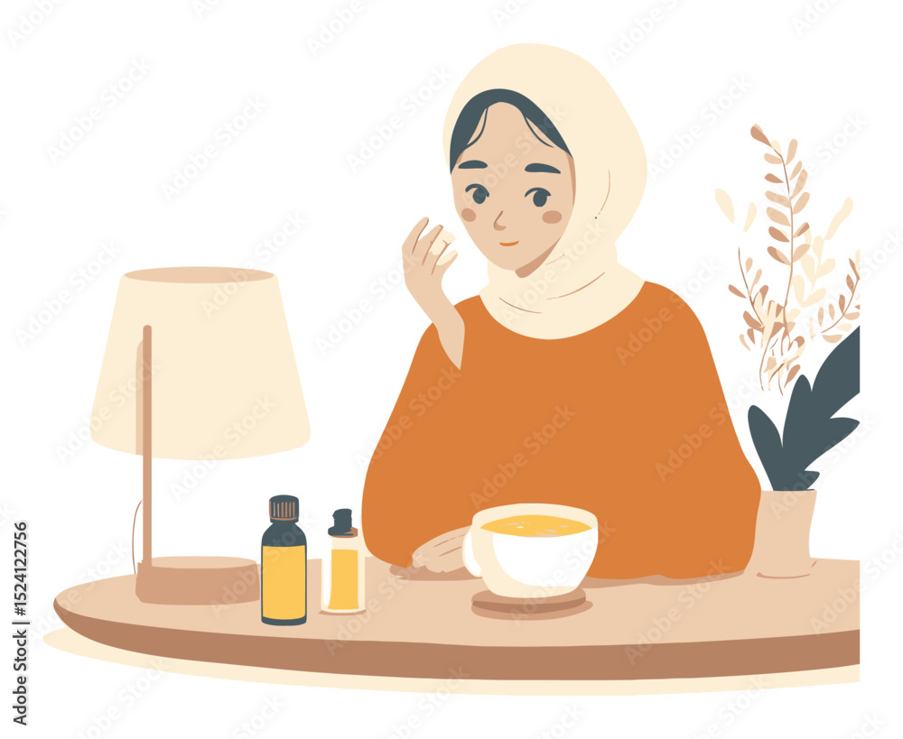 Elegant woman in headscarf enjoying cosmetic products at home table Elegant woman in headscarf enjoying cosmetic products at home table