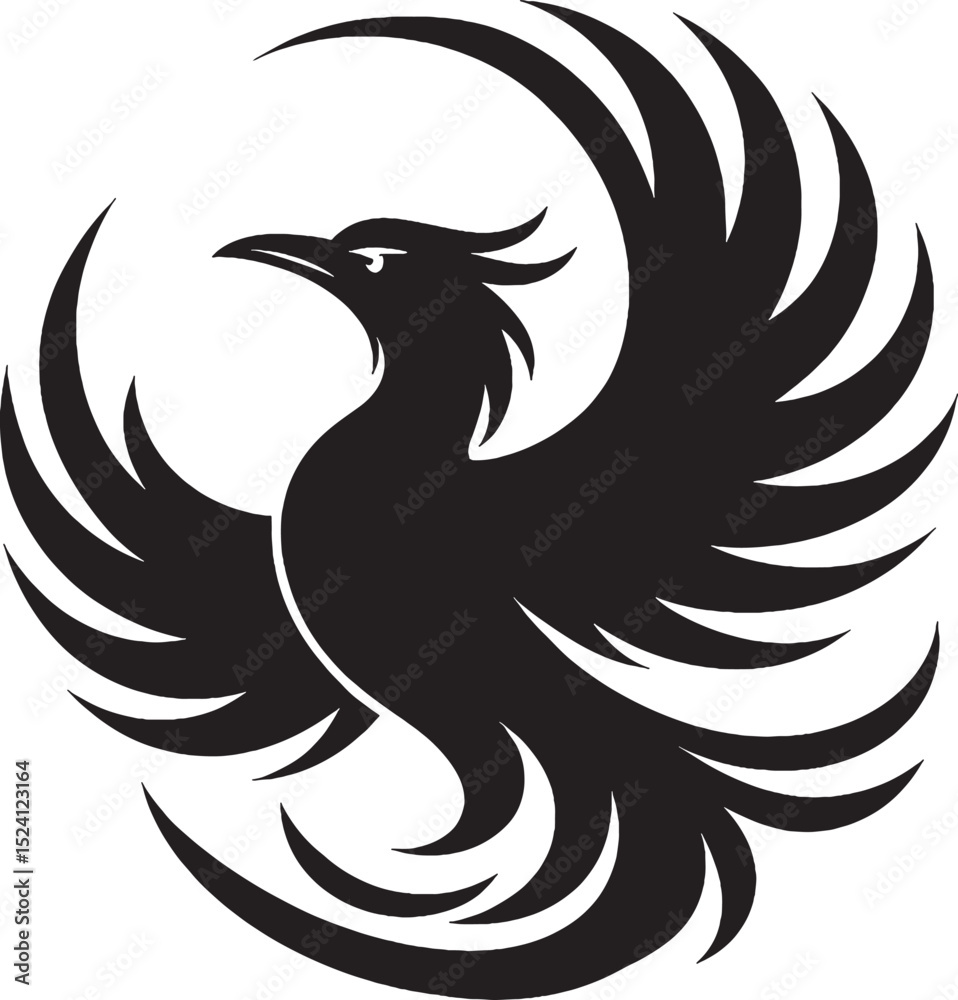 Fototapeta premium A vector-style abstract illustration of a phoenix in flight, with curved, flame-like feathers forming a circular motion. copy.eps